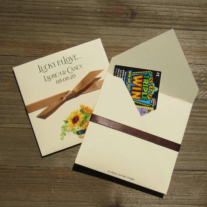 Sunflower Wedding Favors Personalized printed on ivory card stock and personalized for the bride and groom.  Choice of ribbon color which comes attached.  Add an instant lotto ticket and see who wins big.  