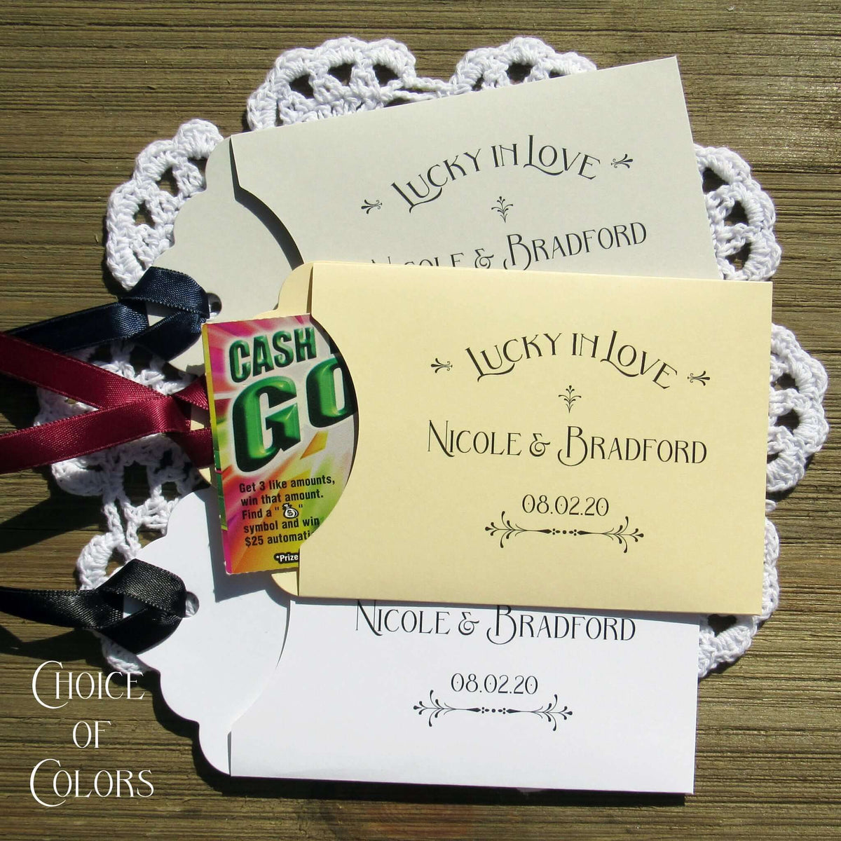 Lucky In Love Wedding Lotto Favors, personalized for the bride and groom.  Slide a lottery ticket these adorable envelopes for a fun wedding favor.