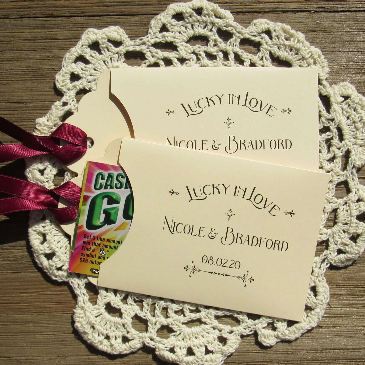 Lucky In Love Wedding Lotto Favors, personalized for the bride and groom.  Slide a lottery ticket these adorable envelopes for a fun wedding favor.