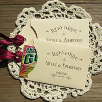 Lucky in love wedding favors, personalized for the bride and groom.  Slide a lottery ticket these adorable envelopes for a fun wedding favor.