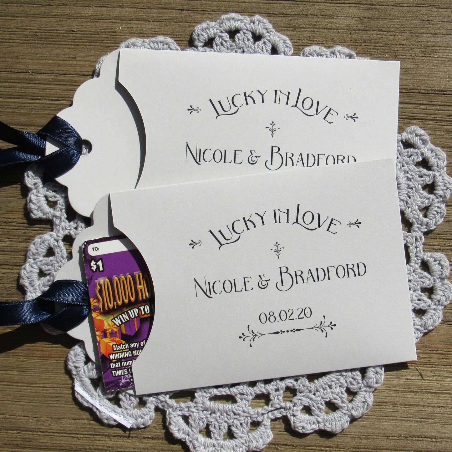 Lucky In Love Wedding Lotto Favors, personalized for the bride and groom.  Slide a lottery ticket these adorable envelopes for a fun wedding favor.