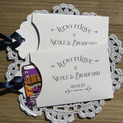 Lucky In Love Wedding Lotto Favors, personalized for the bride and groom.  Slide a lottery ticket these adorable envelopes for a fun wedding favor.