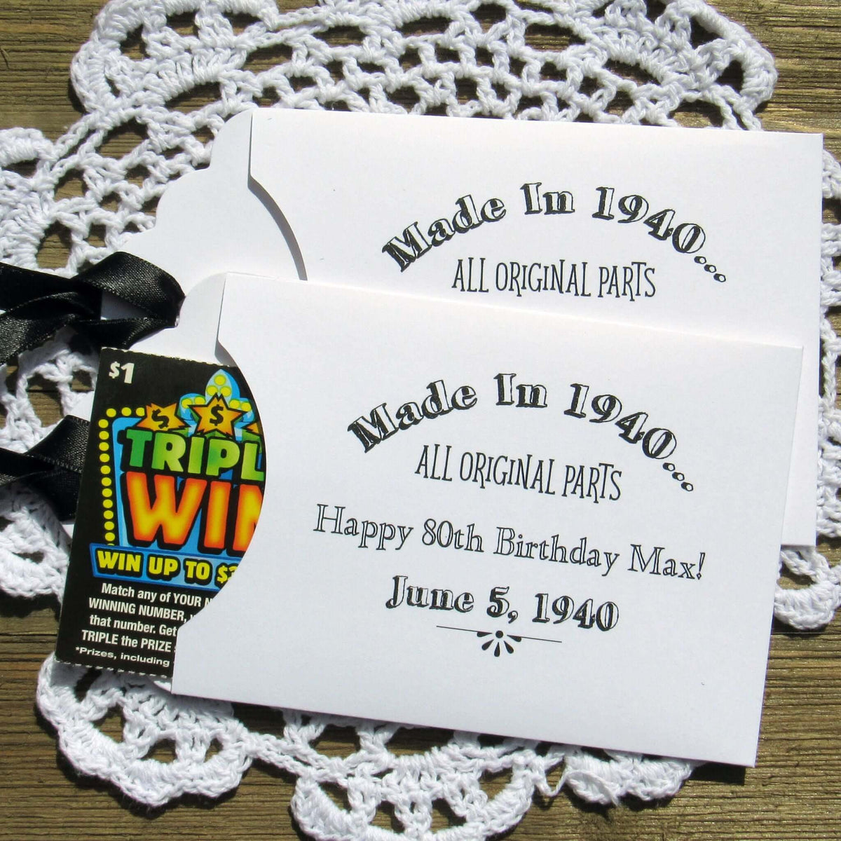 Fun Vintage Adult Birthday Party Favors, slide lottery ticket in the envelope and which guest wins.  Envelopes are personalized for the guest of honor with made in year, name and birth date.  Your choice of envelope and ribbon color. 