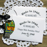  Fun adult birthday party favors, slide lottery ticket in the envelope and which guest wins.  Envelopes are personalized for the guest of honor with made in year, name and birth date.  Your choice of envelope and ribbon color. 