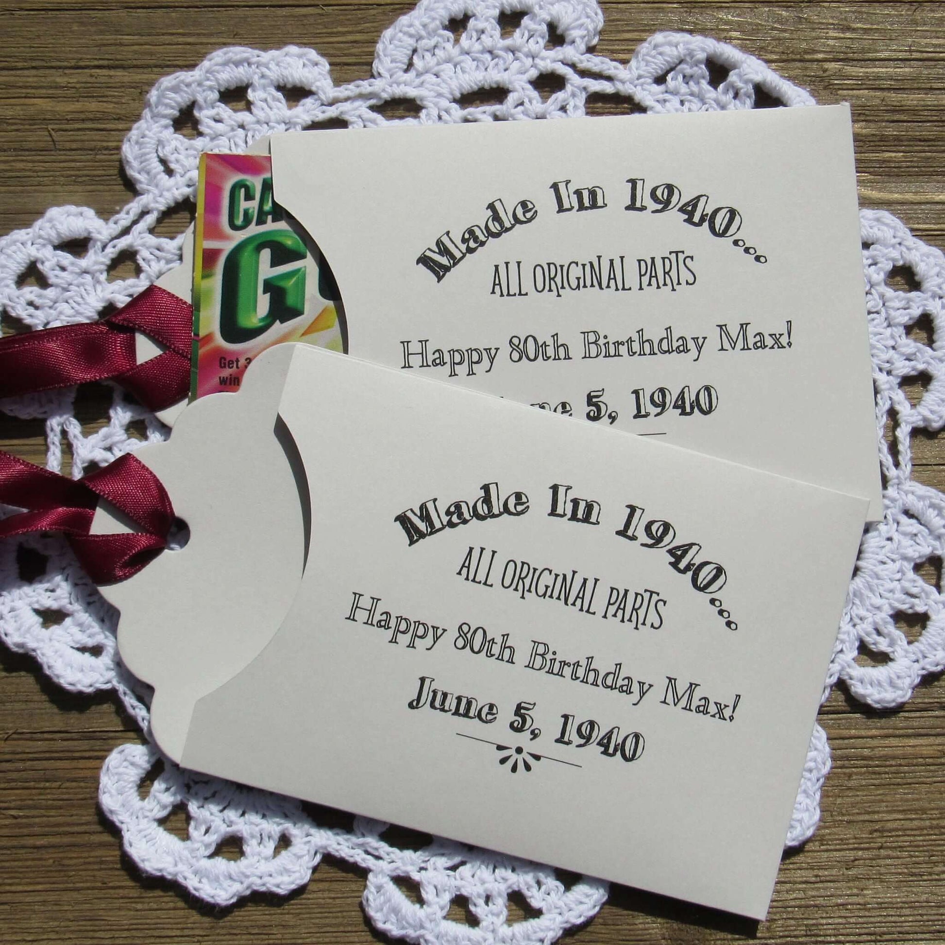 Fun Vintage Adult Birthday Party Favors, slide lottery ticket in the envelope and which guest wins.  Envelopes are personalized for the guest of honor with made in year, name and birth date.  Your choice of envelope and ribbon color. 