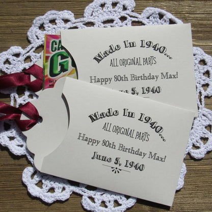 Fun Vintage Adult Birthday Party Favors, slide lottery ticket in the envelope and which guest wins.  Envelopes are personalized for the guest of honor with made in year, name and birth date.  Your choice of envelope and ribbon color. 
