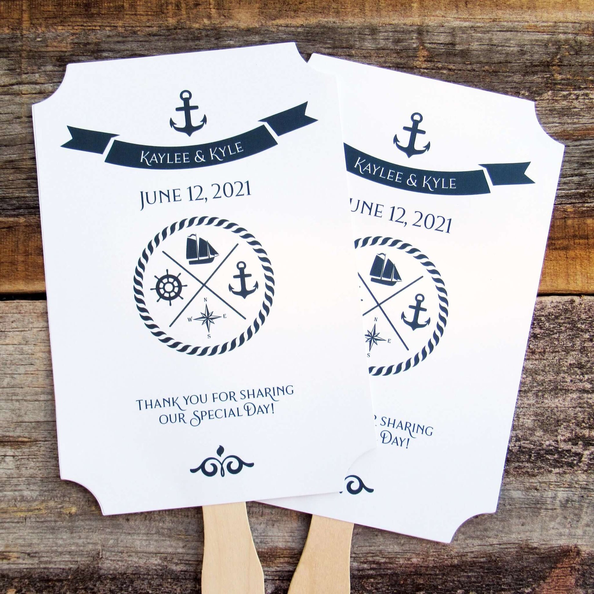 Personalized Nautical Theme Wedding Fans  printed on white card stock with navy text.  Hand fans are personalized for the bride and groom, fans ship assembled and ready to use.  Two sided with handle hidden between for a more finished look.  