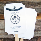 Nautical wedding fans, printed on white card stock with navy text.  Hand fans are personalized for the bride and groom, fans ship assembled and ready to use.  Two sided with handle hidden between for a more finished look.  