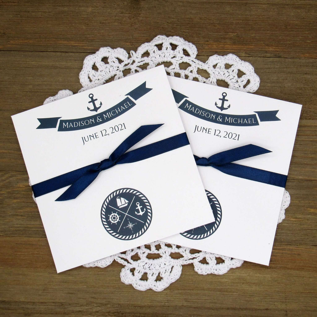 Personalized Nautical Wedding Favors, white card stock envelopes printed with the bride and grooms name and wedding date.  Your choice of ribbon color which comes attached.  Perfect for your nautical theme wedding.