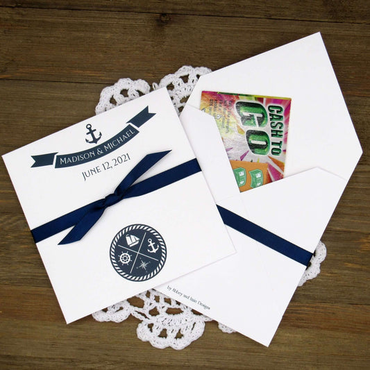 Personalized Nautical Wedding Favors, white card stock envelopes printed with the bride and grooms name and wedding date.  Your choice of ribbon color which comes attached.  Perfect for your nautical theme wedding.