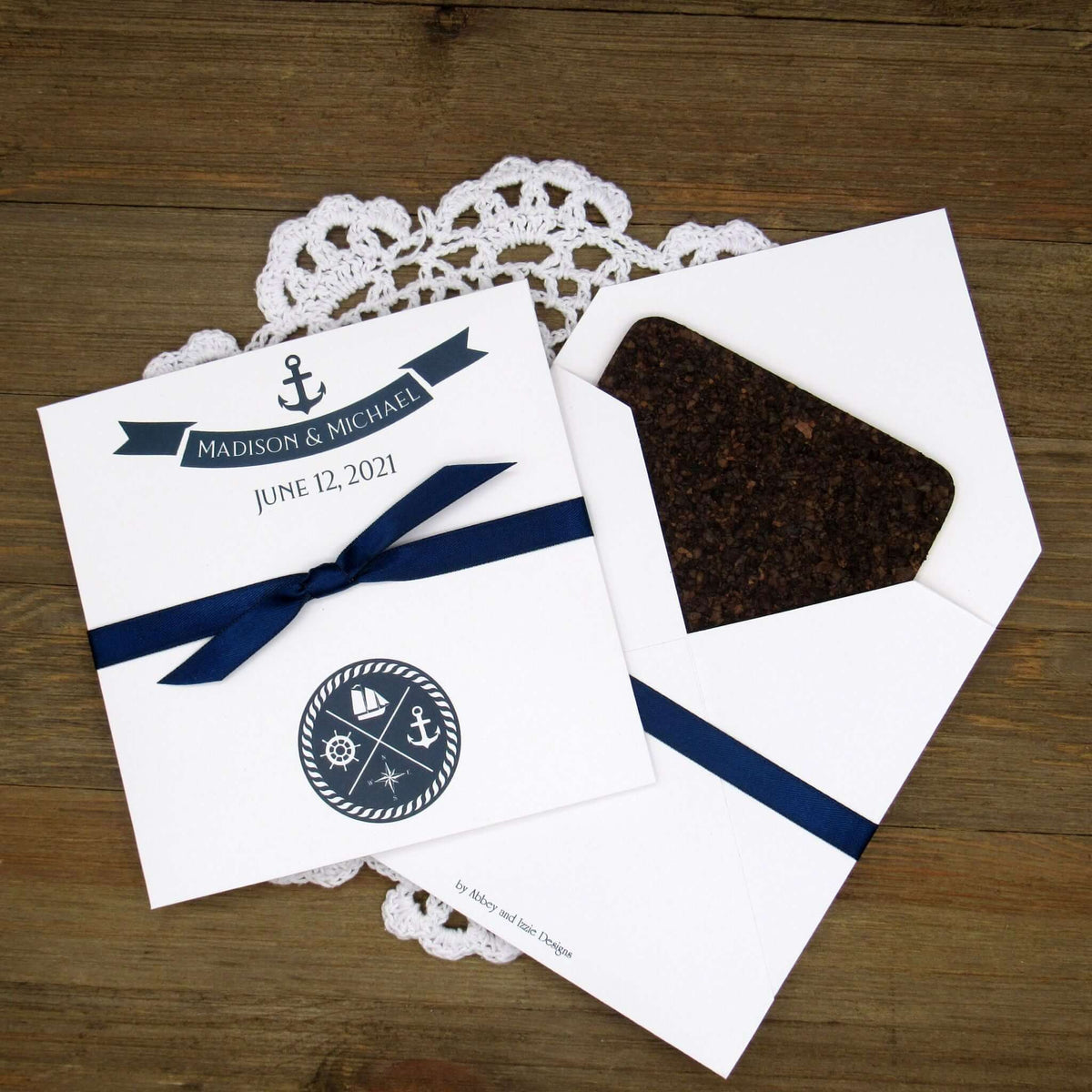 Personalized Nautical Wedding Favors, white card stock envelopes printed with the bride and grooms name and wedding date.  Your choice of ribbon color which comes attached.  Perfect for your nautical theme wedding.