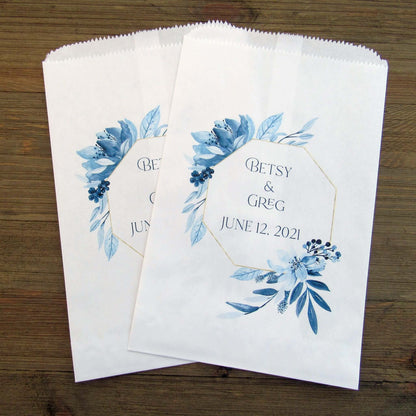 Blue Wedding Favor Bags personalized for the bride and groom.  Printed on white bags with blue and gold accents, perfect for candy buffet bags, cookie bags or anything you desire.  