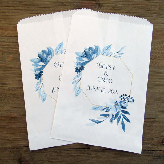 Blue Wedding Favor Bags personalized for the bride and groom.  Printed on white bags with blue and gold accents, perfect for candy buffet bags, cookie bags or anything you desire.  