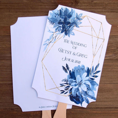Blue Wedding Fans Assembled with a geometric design gives these fans a modern flare.  Printed on white card stock with blue flowers and personalized for the bride and groom.  Two sided with handle hidden between, printing on one side only.  Fans ship assembled and ready for your special day.