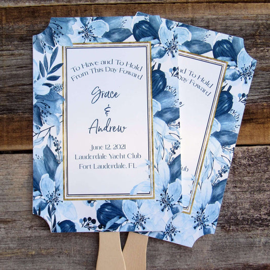 Navy Blue Personalized Wedding Fans, floral navy frame surrounds the personalization.  To have and to hold from this day forward with bride and grooms names, wedding date, place, city and state.  Fans are two sided with handle hidden, printing on one side only.  Shipped to you fully assembled.