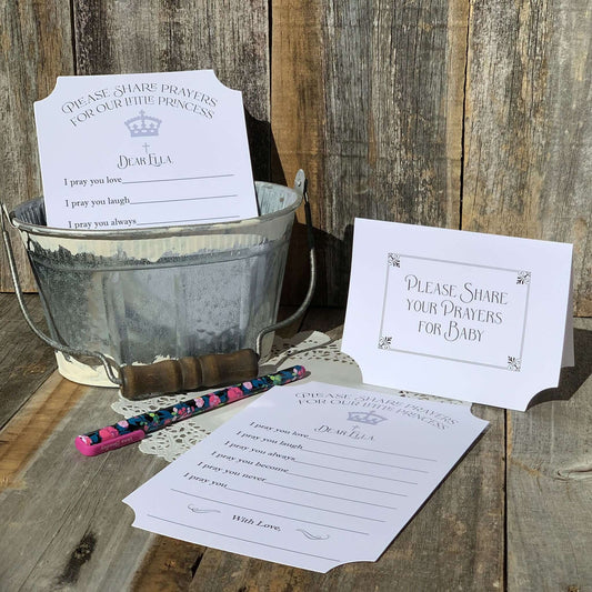 Baptism Prayers For a Baby Girl, have your guests fill out a prayer card,  a cherished keepsake for baby.  Printed on white card stock, tent card included, please share your prayers for baby.