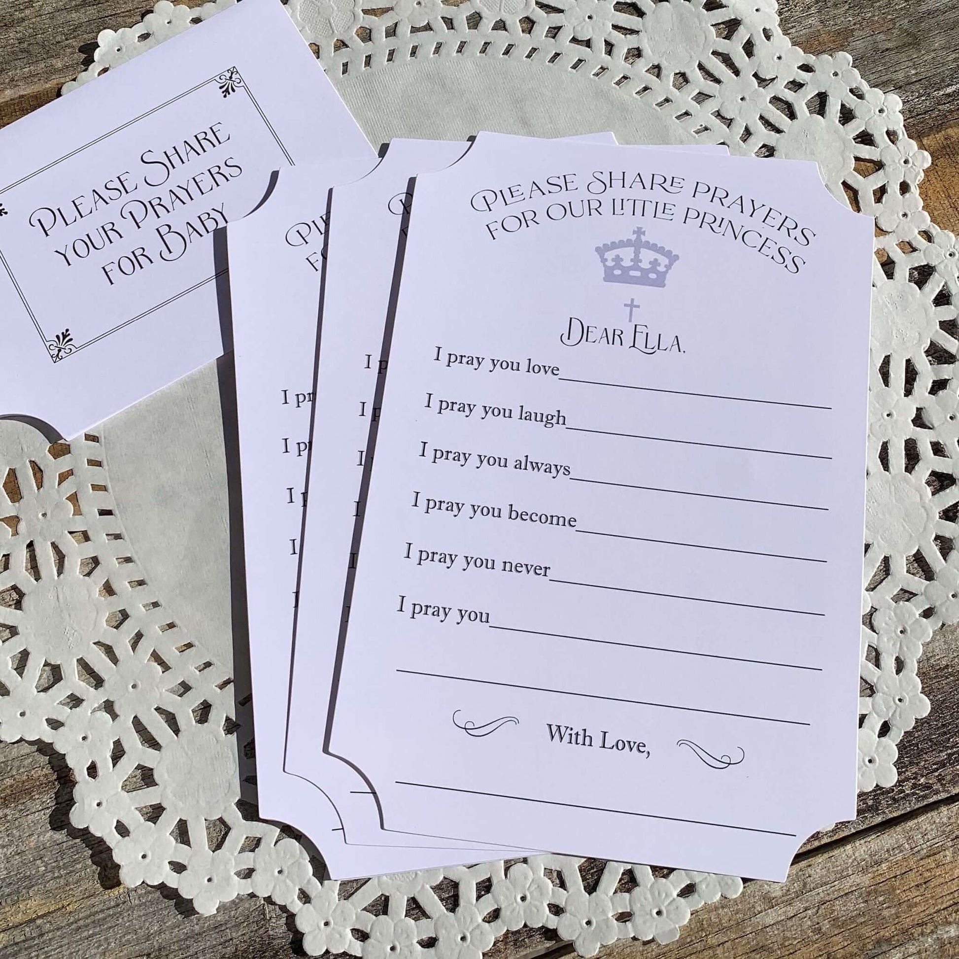 Baptism Prayers For a Baby Girl, have your guests fill out a prayer card,  a cherished keepsake for baby.  Printed on white card stock, tent card included, please share your prayers for baby.