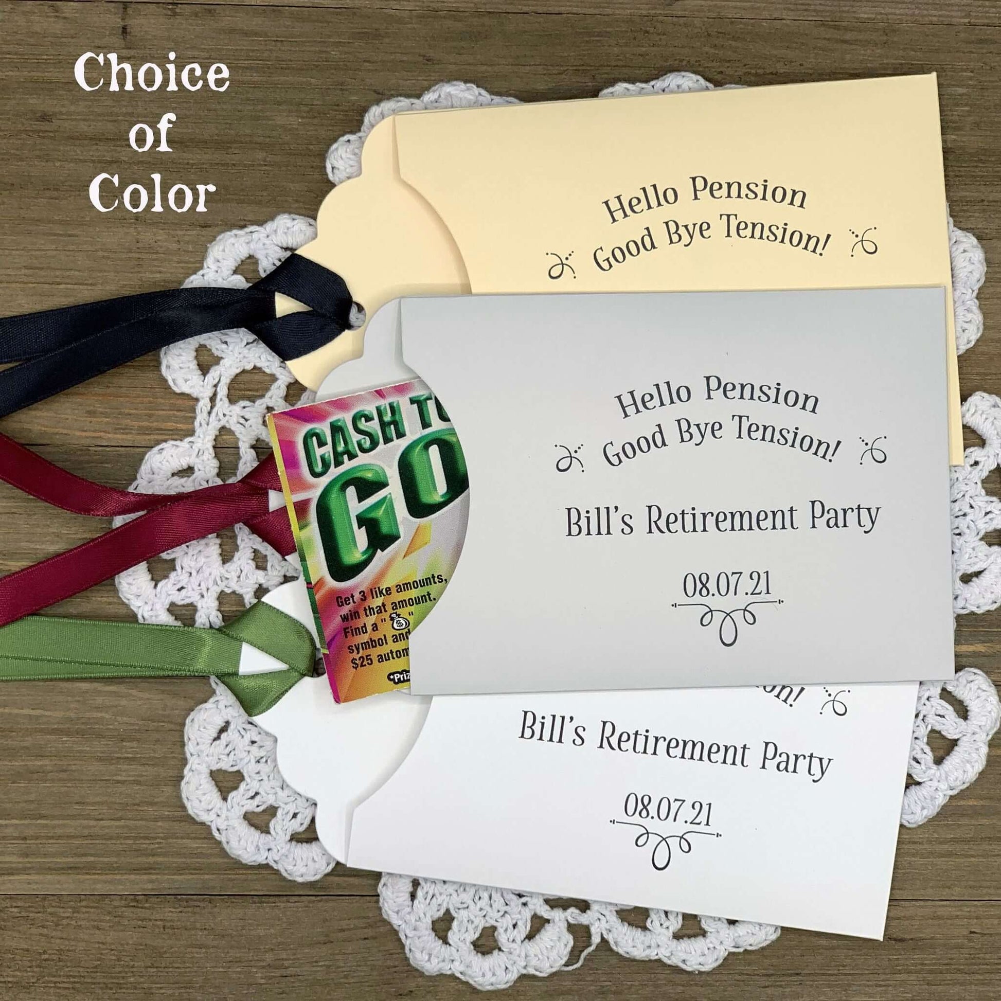 Personalized Retirement Party Favors, slide a lotto ticket in these envelopes to see who wins.  Your choice of envelope and ribbon color.  