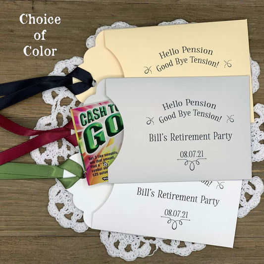 Personalized Retirement Party Favors, slide a lotto ticket in these envelopes to see who wins.  Your choice of envelope and ribbon color.  