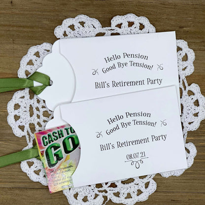 Personalized Retirement Party Favors, slide a lotto ticket in these envelopes to see who wins.  Your choice of envelope and ribbon color.  