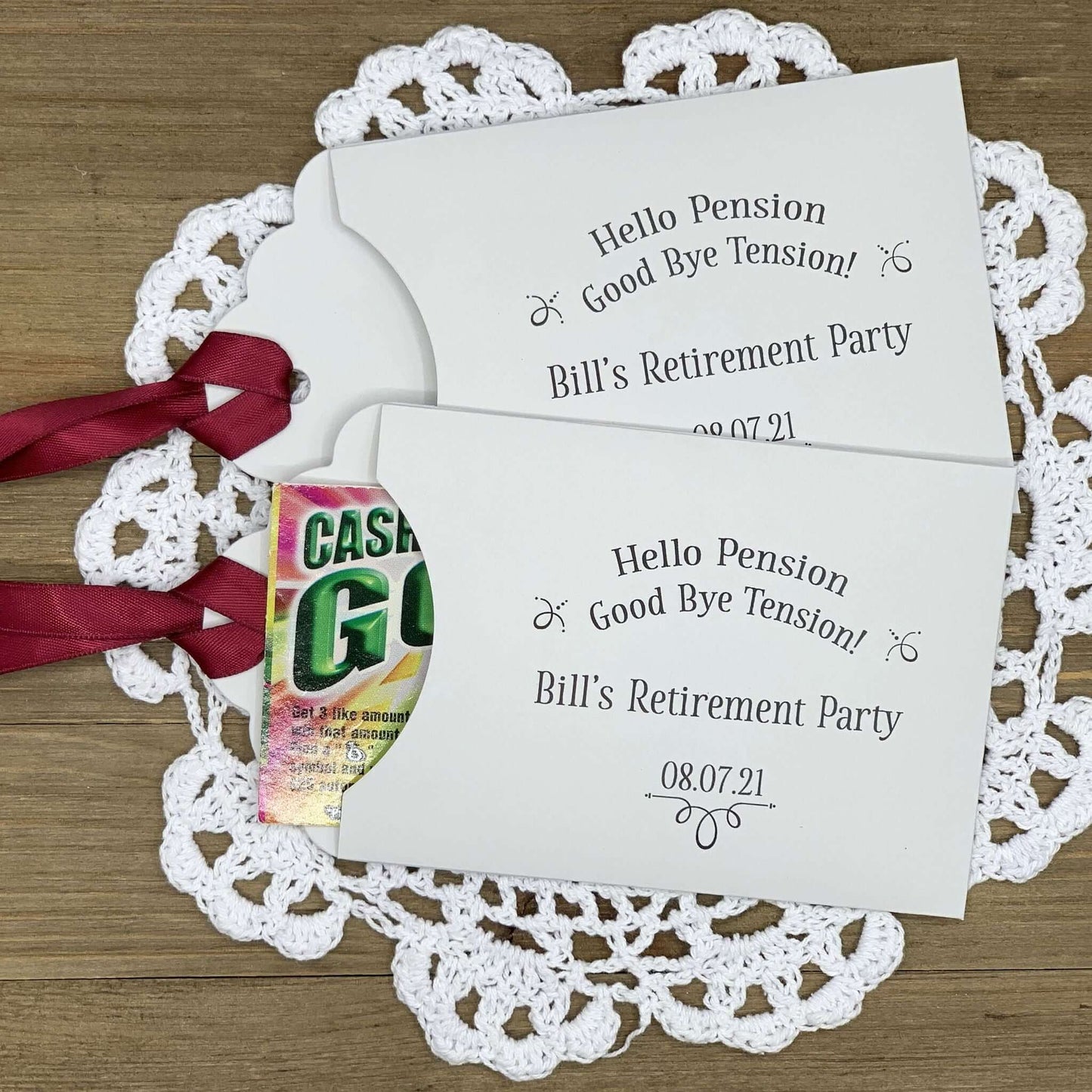Personalized Retirement Party Favors, slide a lotto ticket in these envelopes to see who wins.  Your choice of envelope and ribbon color.  