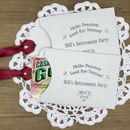 Personalized Retirement Party Favors, slide a lotto ticket in these envelopes to see who wins.  Your choice of envelope and ribbon color.  