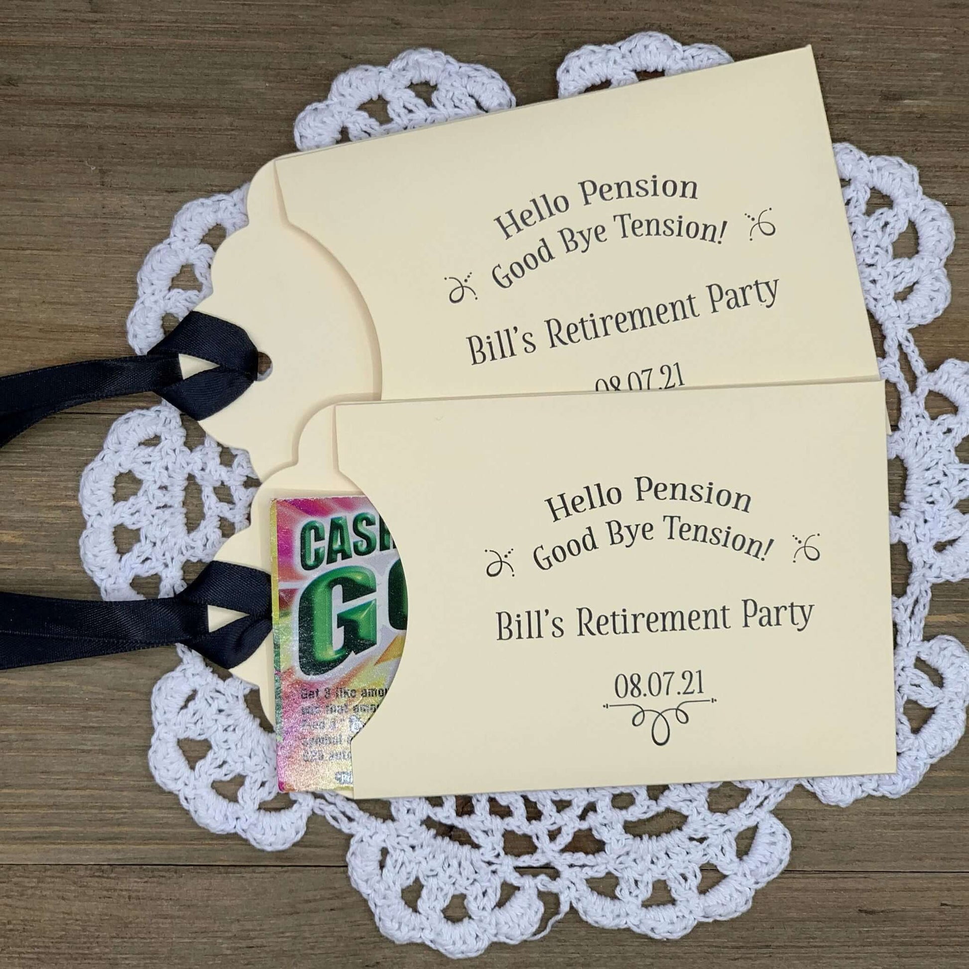 Personalized Retirement Party Favors, slide a lotto ticket in these envelopes to see who wins.  Your choice of envelope and ribbon color.  