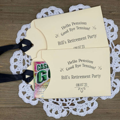 Personalized Retirement Party Favors, slide a lotto ticket in these envelopes to see who wins.  Your choice of envelope and ribbon color.  