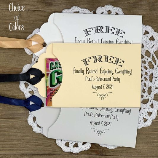 Retirement Celebration Party Favors, personalized for the guest of honor.  Slide a lottery ticket in the open end of these cute envelopes for a fun favor.  Your choice of envelope and ribbon color.