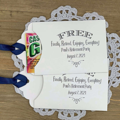Retirement Celebration Party Favors, personalized for the guest of honor.  Slide a lottery ticket in the open end of these cute envelopes for a fun favor.  Your choice of envelope and ribbon color.