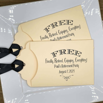 Retirement Celebration Party Favors, personalized for the guest of honor.  Slide a lottery ticket in the open end of these cute envelopes for a fun favor.  Your choice of envelope and ribbon color.