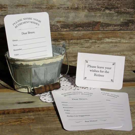  Retirement Party Wish Cards that are personalized for the retiree.  Guest can fill in the blanks with wishes for the guest of honor.  These will be a cherised keepsake.