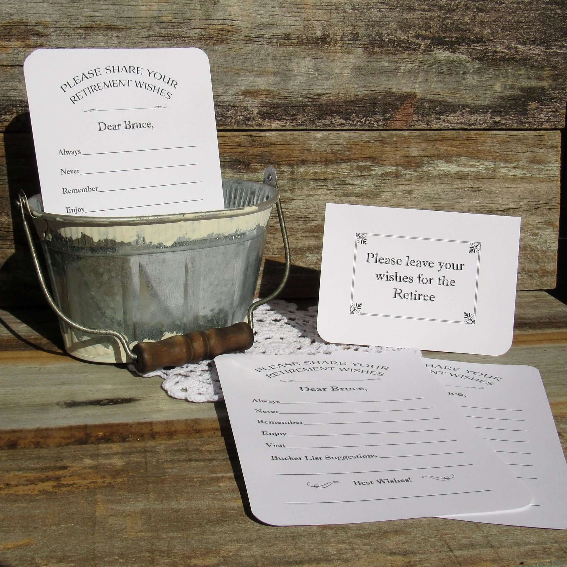  Retirement Party Wish Cards that are personalized for the retiree.  Guest can fill in the blanks with wishes for the guest of honor.  These will be a cherised keepsake.