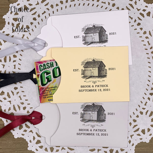 Barn wedding guest favors personalized for the bride and groom .  Lottery ticket wedding favors, slide a lotto ticket in the envelope and see which guest wins big.  Choice of  envelope and ribbon color.