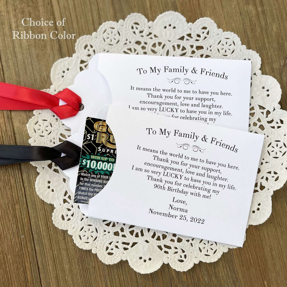 Personalized Birthday Lottery Ticket Favors, a sweet thank you to your family friends for celebrating your birthday.  Each envelope comes personalized with the honoree name ad birthdate.  Slide a lottery ticket in to see who  wins.