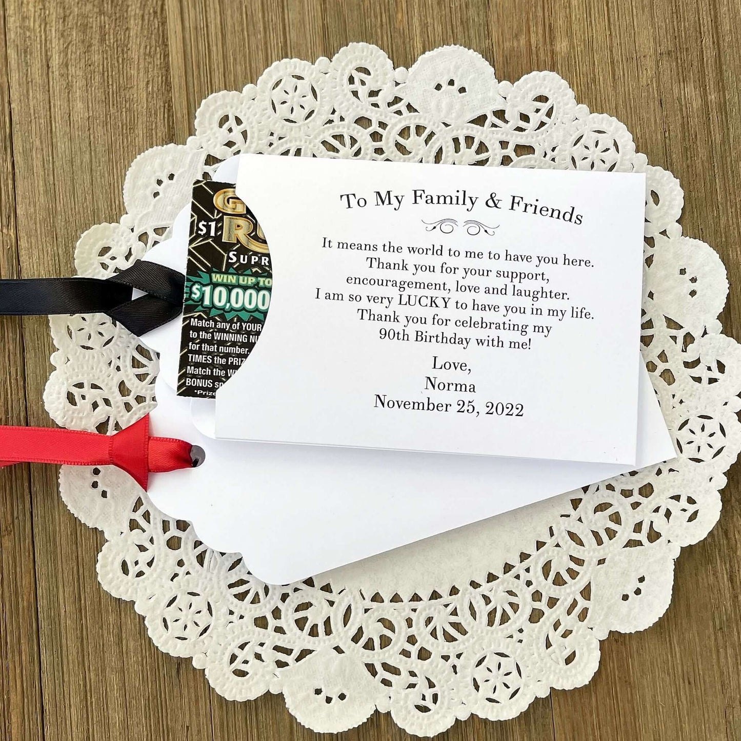 Personalized Birthday Lottery Ticket Favors, a sweet thank you to your family friends for celebrating your birthday.  Each envelope comes personalized with the honoree name ad birthdate.  Slide a lottery ticket in to see who  wins.