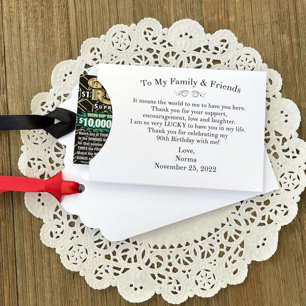 Personalized Birthday Lottery Ticket Favors, a sweet thank you to your family friends for celebrating your birthday.  Each envelope comes personalized with the honoree name ad birthdate.  Slide a lottery ticket in to see who  wins.
