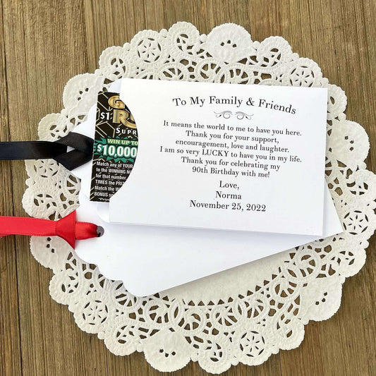 Personalized Birthday Lottery Ticket Favors, a sweet thank you to your family friends for celebrating your birthday.  Each envelope comes personalized with the honoree name ad birthdate.  Slide a lottery ticket in to see who  wins.
