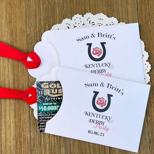 Personalized Kentucky Derby Party Favors , white envelopes adorned with Kentucky Derby Party red ribbon comes attached.  Slide a lottery ticket in and see who wins.