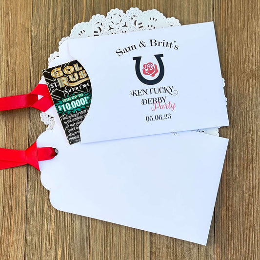 Personalized Kentucky Derby Party Favors , white envelopes adorned with Kentucky Derby Party red ribbon comes attached.  Slide a lottery ticket in and see who wins.