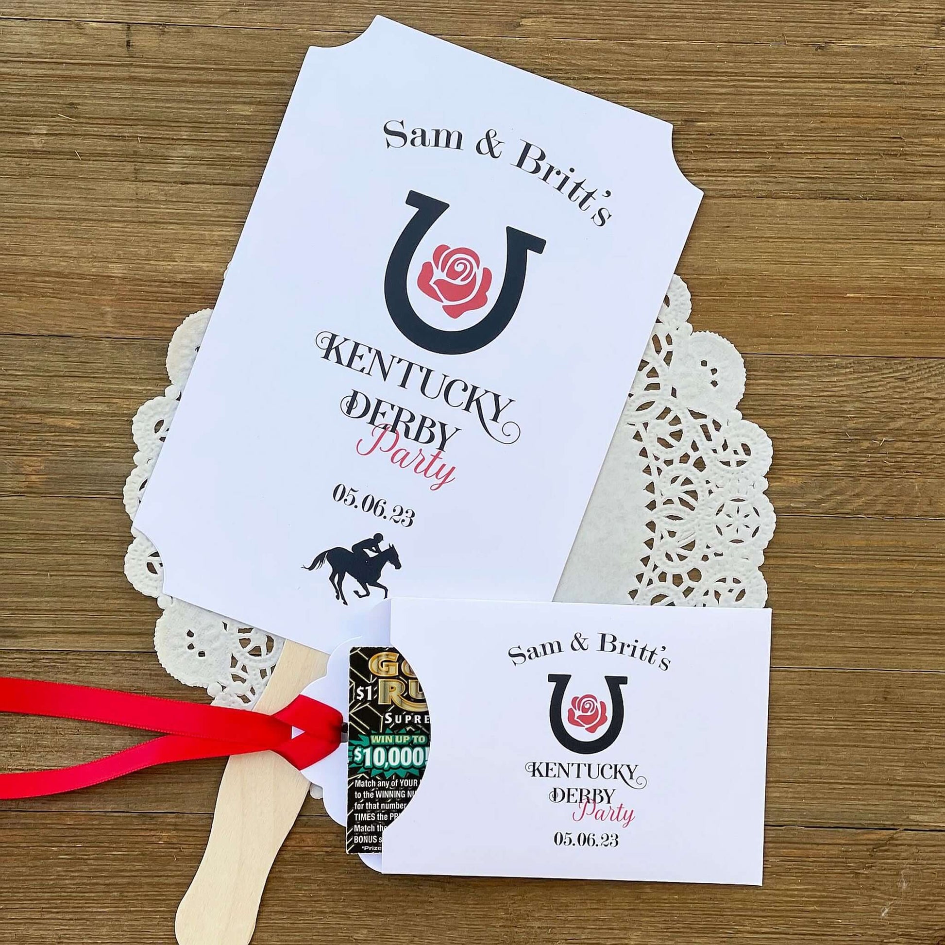 Kentucky Derby Day Party Fans guests will love the cool breeze they provide while having a keepsake to take home from the party.  Party fans are printed on white card stock and come fully assembled, personalized for a nice touch for your event.