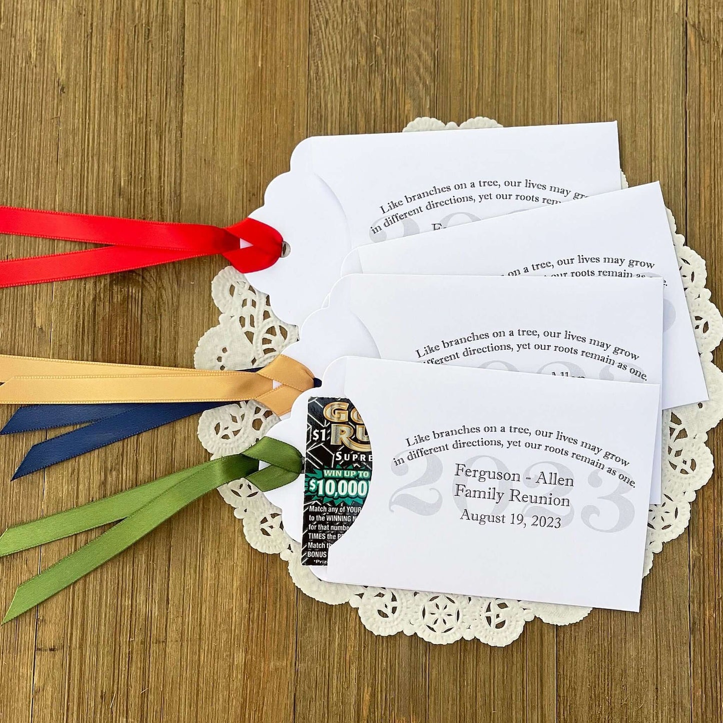 Family Reunion Favors Personalized, printed with the reunion year, family name and date.  Lottery ticket favors for your family reunion.