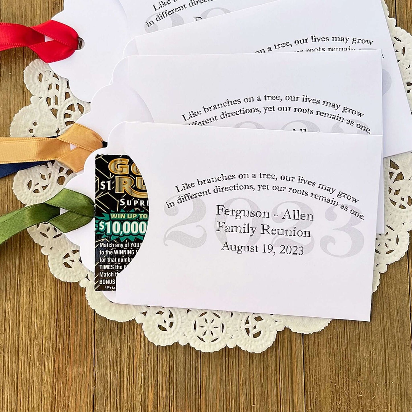 Family Reunion Favors Personalized, printed with the reunion year, family name and date.  Lottery ticket favors for your family reunion.