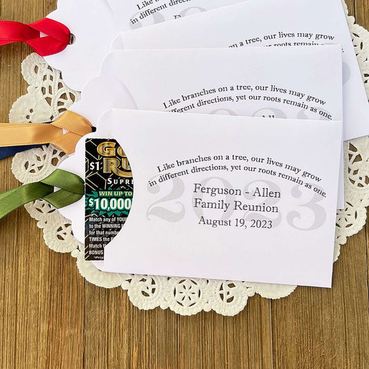 Family Reunion Favors Personalized, printed with the reunion year, family name and date.  Lottery ticket favors for your family reunion.