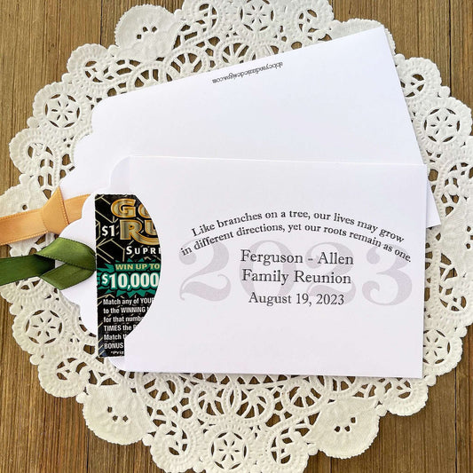 Family Reunion Favors Personalized, printed with the reunion year, family name and date.  Lottery ticket favors for your family reunion.