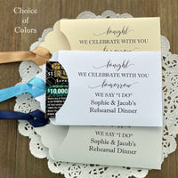 Fun rehearsal dinner favors, slide a lottery ticket in each one and see which guest wins.  Personalized favors for the bride and groom with choice of envelope and ribbon color.