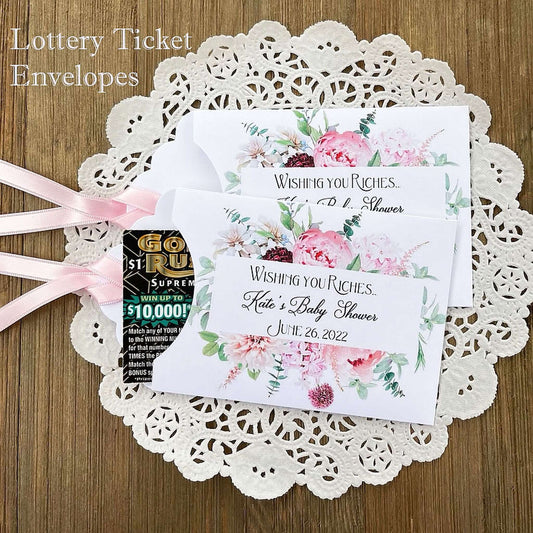 Pink Floral Baby Shower Favors Personalized  for the Mother to be.  Slide a lottery ticket in these cute envelopes to see who wins.