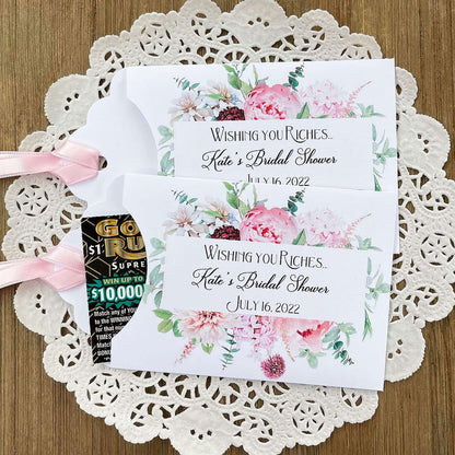  Pink Floral Bridal Shower Favors personalized for the bride to be.  Wishing you riches lottery ticket envelopes for bridal shower favors,.