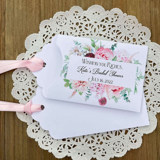 Pink Floral Bridal Shower Favors personalized for the bride to be.  Wishing you riches lottery ticket envelopes for bridal shower favors,.