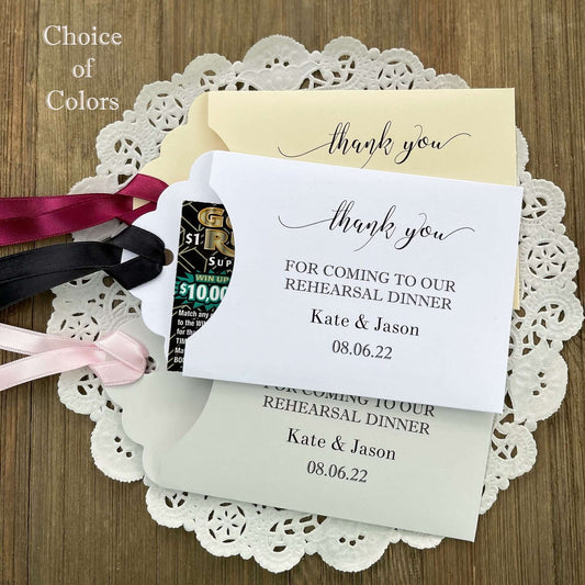 Wedding rehearsal dinner favors to thank your guests for coming.  Favors are personalized for the bride and groom, slide a lotto ticket in to see which guest wins.